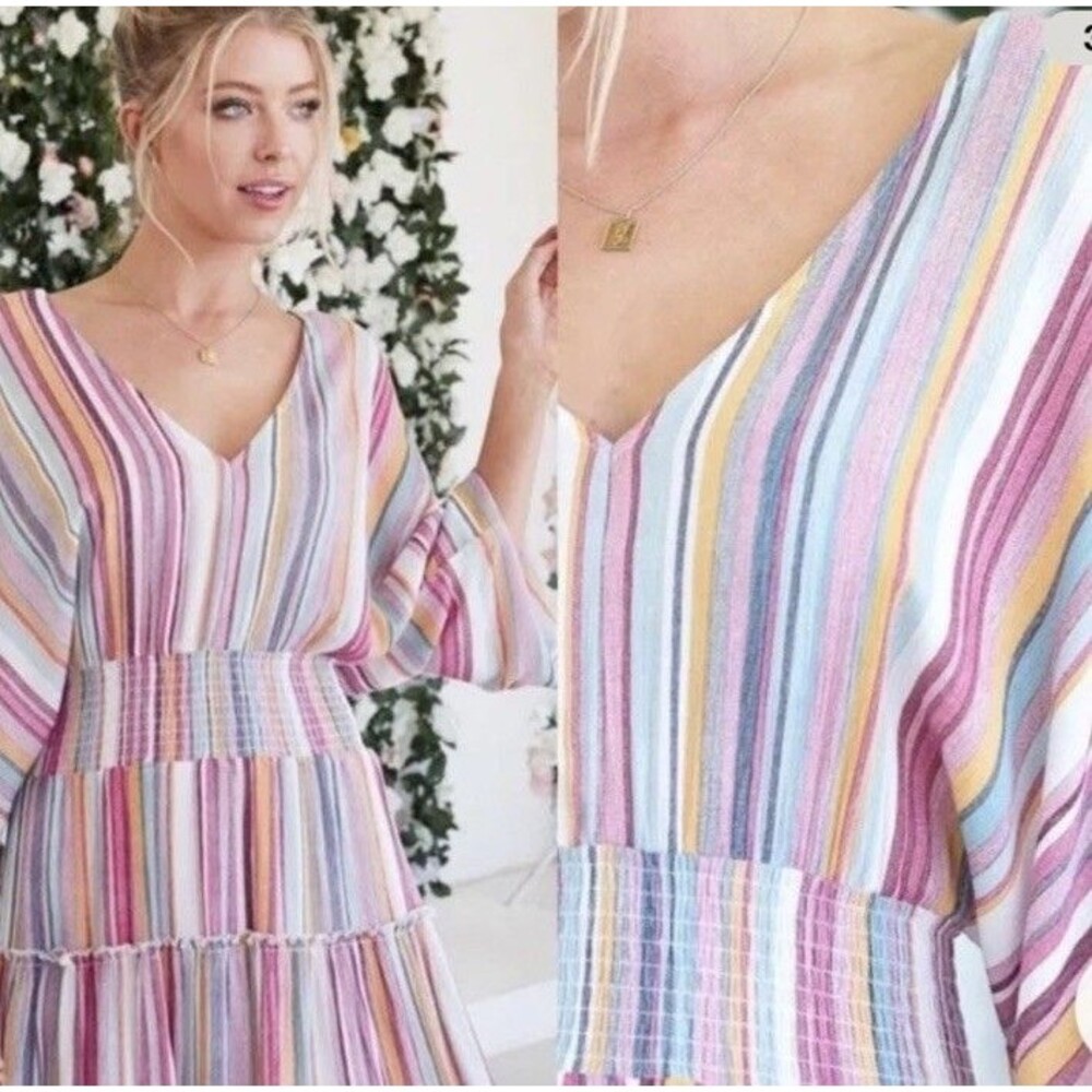 Hyped Unicorn Boho Multicolor Striped Boho Tiered Ruffle V-Neck Batwing Dress S